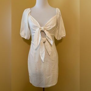 Blue Blush tie front mini dress white puff sleeves